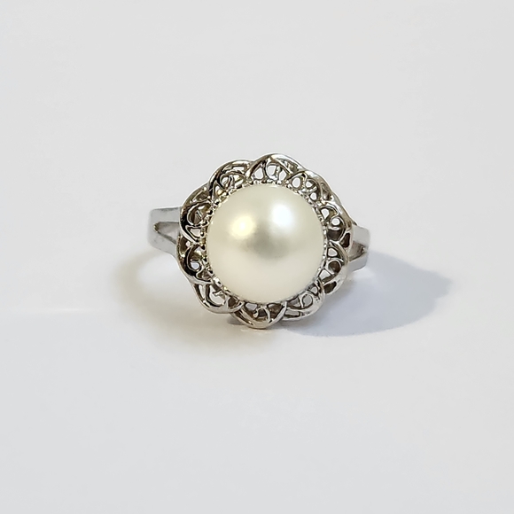 VTG 10mm 3.43g 14K Solid White Gold Filigree Open Work Mabe Pearl Ring Sz 7.5 - Picture 14 of 16